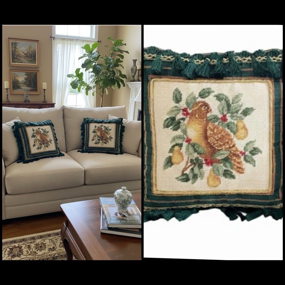 2 Needle Point Partridge in a Pear Tree Green Tassel Decor Pillow Covers 15”x 15